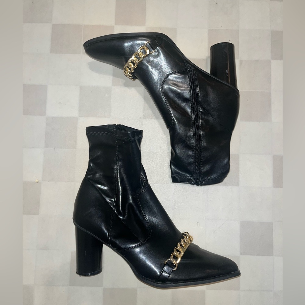 COPY - ASOS Black Heeled Boots Faux Leather with Gold Chain Detail